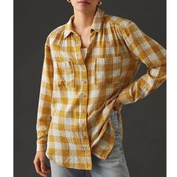 Anthropologie Pilcro Yellow Oversized Plaid Button Down Top Size XS - Picture 2 of 11